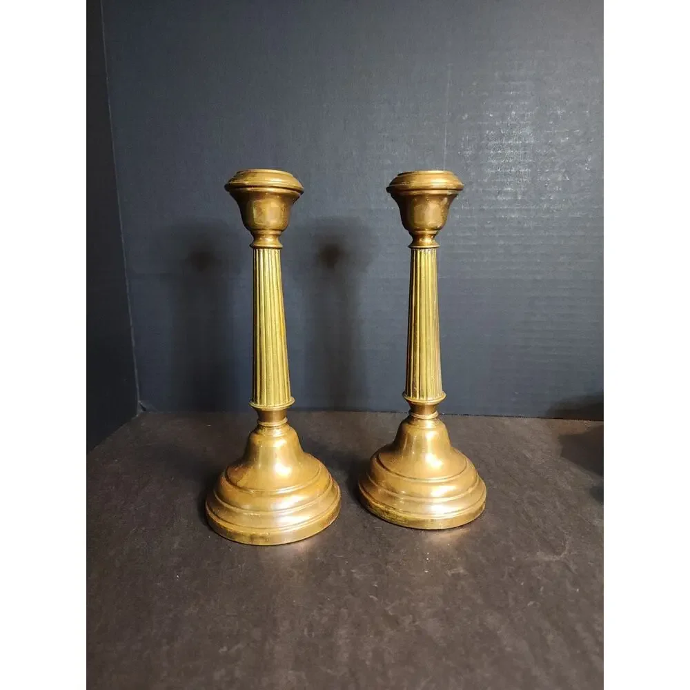 Pair of Antique Brass Candlesticks, Copper Weighted, Column Fluted 8.5